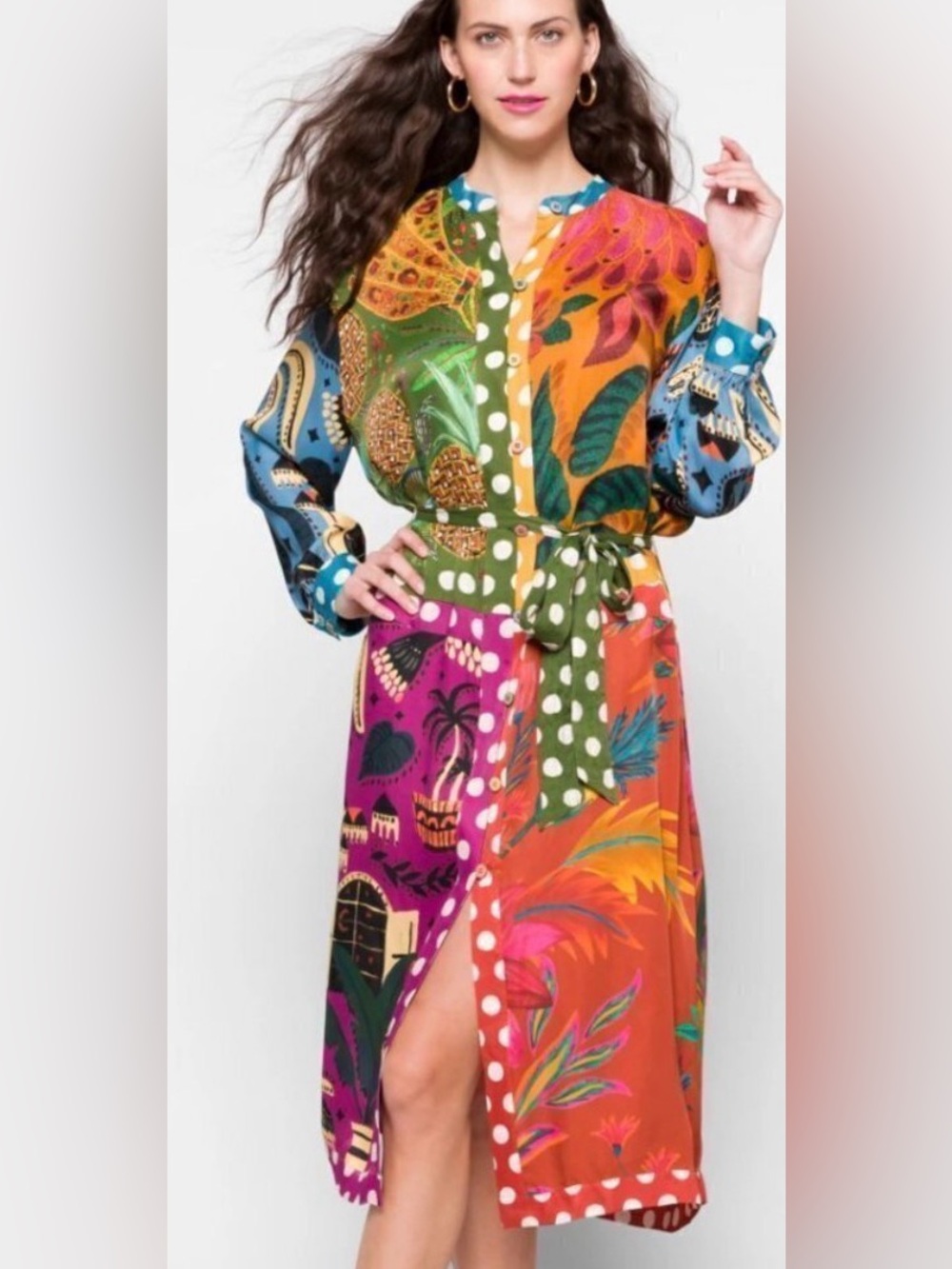 FARM RIO earth rainbow silky shirtdress NWT - Picture 2 of 3